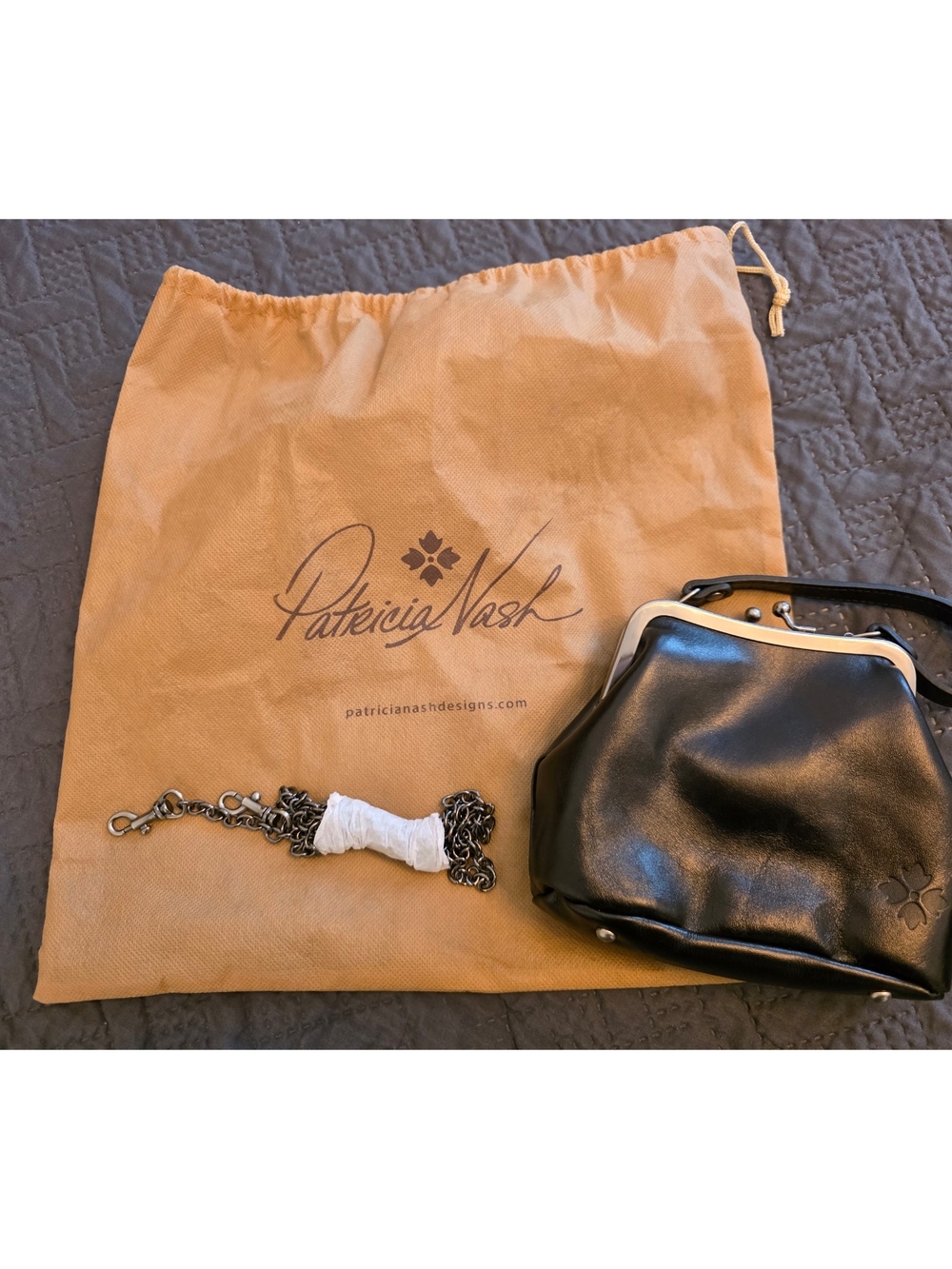 Patricia Nash Black Leather Frame Wristlet with Chain Strap
